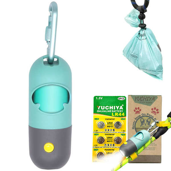 YUCHIYA Dog Poop Bags Holder with LED Flashlight, 15 Crystal Blue Bags, 3 Accessories, 3 LR44 Batteries Included