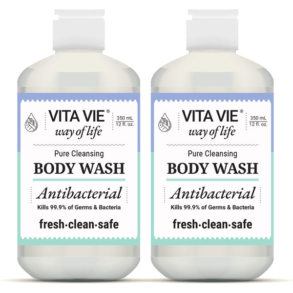 VITA VIE Body Wash, Lemon Scent, Antibacterial Soap for Hands and Forearms With Hazel, Willow Bark Extract, and Tea Tree Oil, Clean Nourishing Formula, Vegan, Paraben Free, Non GMO, 12 FL Oz, 2 Pack