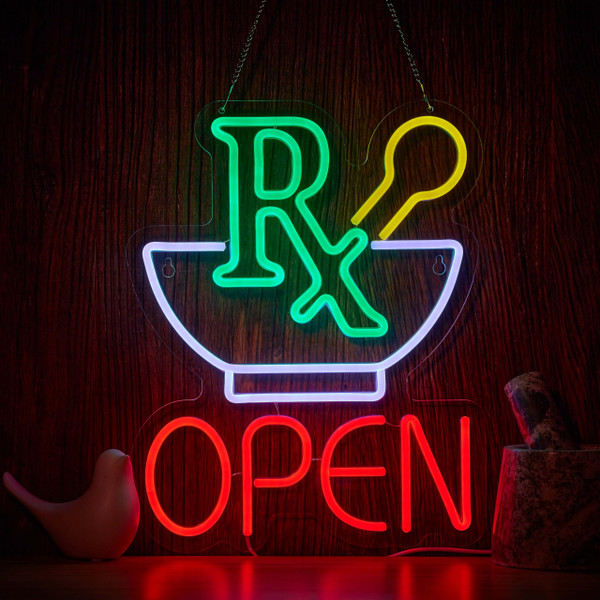 Hoyoelec Pharmacy RX Open Neon Sign for Wall Décor Dimmable Business Medicine Shop LED Neon Light USB Powered Neon Art Signs Decor