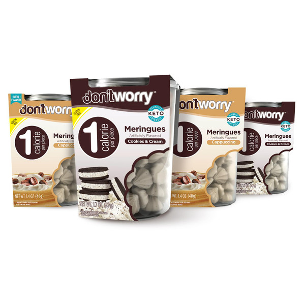 Don't Worry Low Calorie Meringue Cookies - 4 Pack - Capuccino and Cookies & Cream, Just 1 Calorie per Piece | Low Sugar Candy, Gluten Free, Protein Snacks | Keto Friendly and Healthy Snacks for Adults Don't Worry Low Calorie Meringue Cookies - 4 Pack - Capuccino and Cookies & Cream, Just 1 Calorie per Piece | Low Sugar Candy, Gluten Free, Protein Snacks | Keto Friendly and Healthy Snacks for Adults