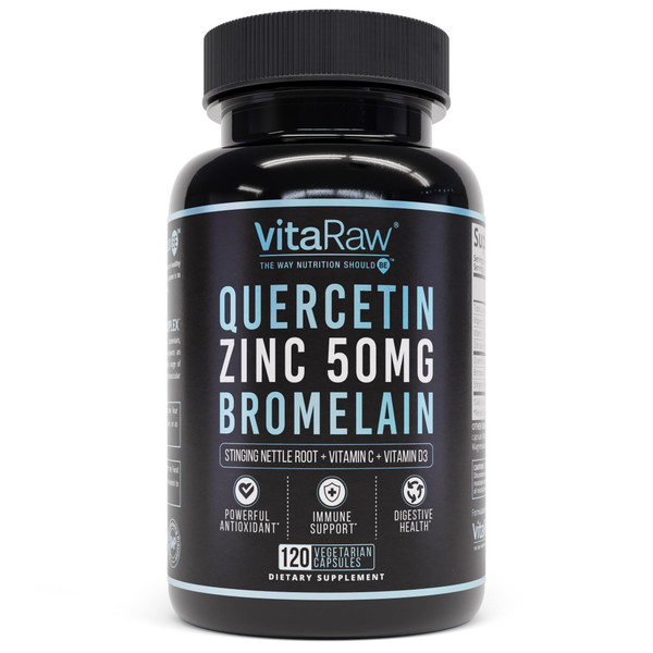 VitaRaw Quercetin with Bromelain 500mg Capsules, Supports Immune Response, Joint Comfort, & Overall Wellness - Vitamin C, Zinc 50mg, & Vitamin D3 5000 IU - Immunity Health Pills