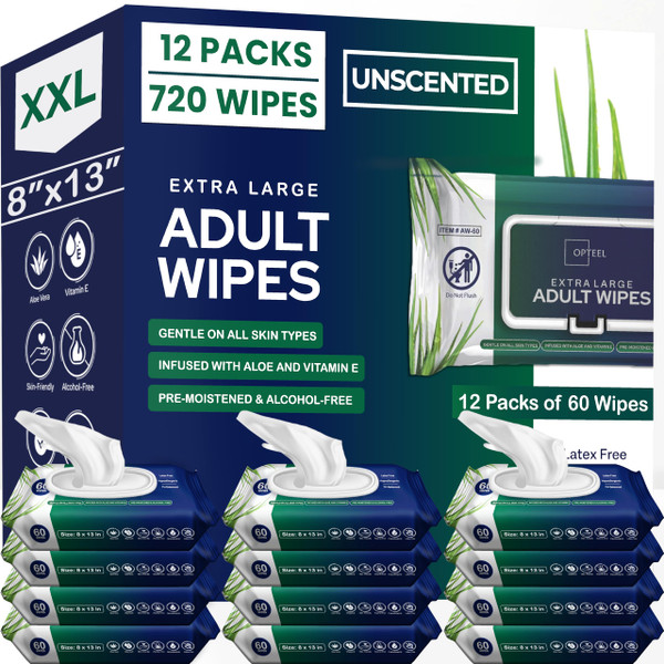Adult Wipes For Elderly - 8"x13" Extra Large & Soft Wet Wipes for Adults Bathing No-Rinse - Incontinence Disposable Washcloths, Vitamin E & Aloe Infused for Men & Women 720ct (12 Packs of 60) Adult Wipes For Elderly - 8"x13" Extra Large & Soft Wet Wipes for Adults Bathing No-Rinse - Incontinence Disposable Washcloths, Vitamin E & Aloe Infused for Men & Women 720ct (12 Packs of 60)