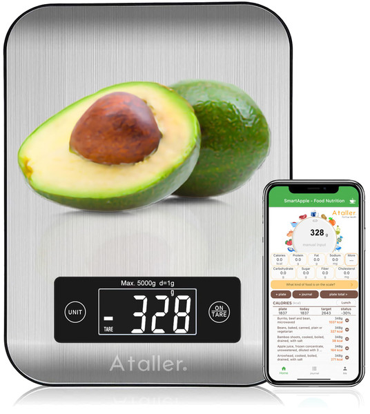 Ataller Smart Food Nutrition Scale, Digital Kitchen Scales with Smartphone App for Meal Planning, Tracking Calorie Value and Food Nutritional Counting, Resolution 1g, Max 5kg 11Ib, 304 Stainless Steel