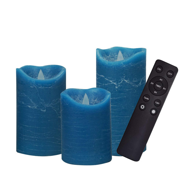 iZAN 3 Pack Real Wax Flameless Candles Battery Operated LED Pillar Flickering Realistic Electric Candle Gift Sets with Remote Control and Cycling 24 Hours Timer 3”D X 4" 5" 6" H (Blue)