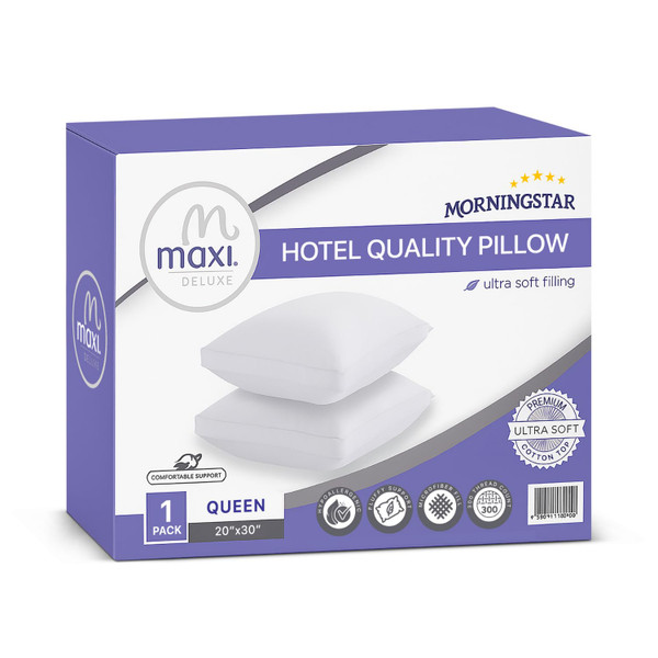 Maxi Deluxe Queen Size Bed Pillow – Ultra Soft & Comfortable – Versatile for Side, Back & Stomach Sleepers – 300TC Cotton Top – Single Pack – (Queen Size Pillow is 20 x 30)