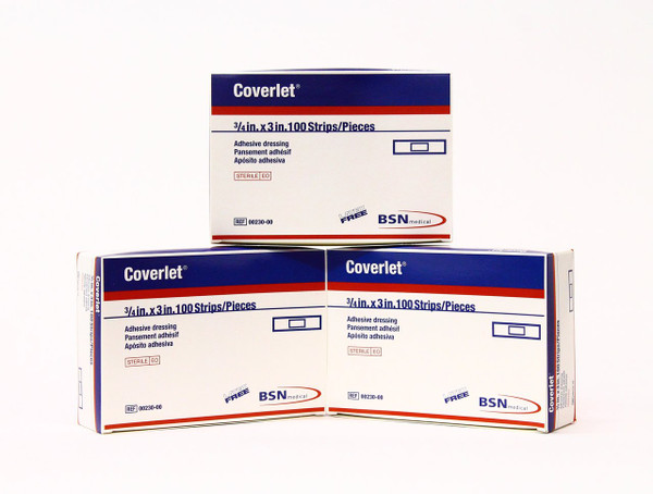 Coverlet Latex-Free Adhesive Dressings Strips Bandages - 3/4 X 3 inches - 100/ Box (Pack of 3, 300 Total)