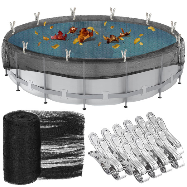 Sibosen 24 Feet Round Leaf Net Cover for Above Ground Pool, Winter Cover Mesh Cover with 16 Pcs Large Metal Clips，Pool Safety Net Fits 24FT Above Ground Pools, Keeps Leaves Out of Your Pool