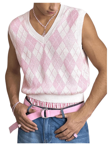BEAUDRM Men's Plaid Geometric Sleeveless Knitted Sweater V Neck Crochet Pullover Sweater Vest Pink Medium