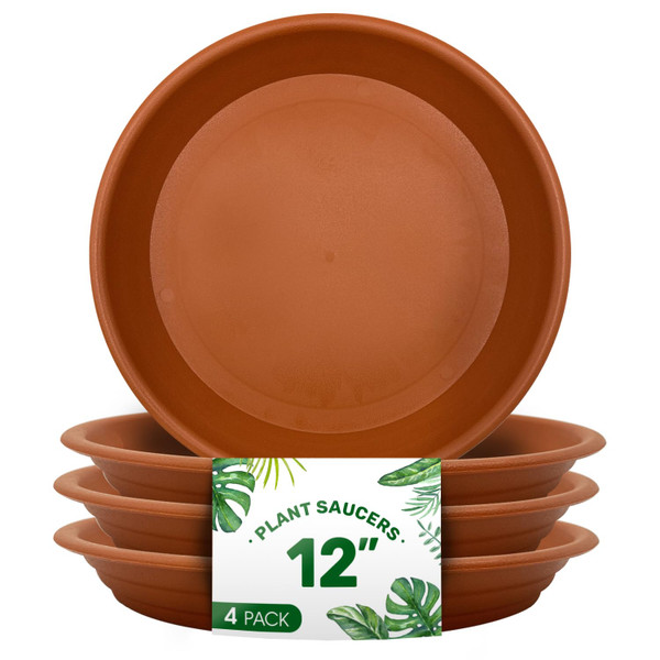 4 Pack of 12 inch Plant Saucers - Heavy Duty Plastic Plant Tray, Durable and Thicker Flower Pot Saucers for Indoors Outdoors Planters, Terracotta