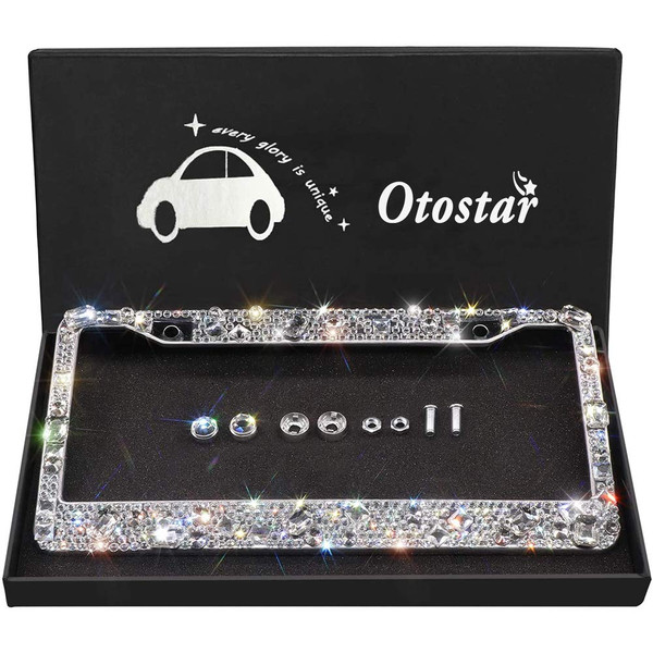 Carfond Luxury Handcrafted 14 Facets SS20 Premium Glass Crystal Diamond Stainless Steel License Plate Frame Bonus Matching Screws Caps (Luxury Crystal)
