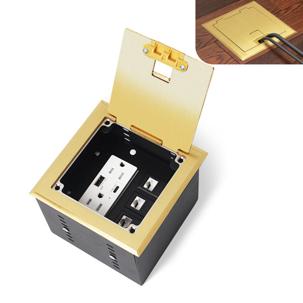 KYHSHJ Recessed Flat Hidden Socket Kit with 2 * 15A Receptacle，4.8A 1 USB-A Ports &1 USB-C Port+3-Port RJ45 Datacom Receptacle. Internal Height Adjustable，Corrosive Resistant Hardware,Brass