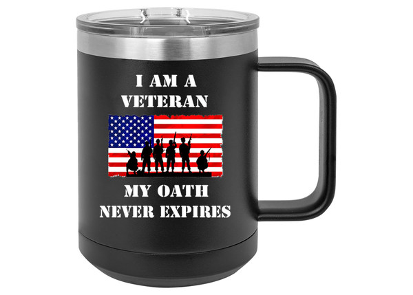 Rogue River Tactical USA Tattered American Flag Veteran Oath Heavy Duty Stainless Steel Black Coffee Mug Tumbler With Lid Novelty Cup Great Gift Idea