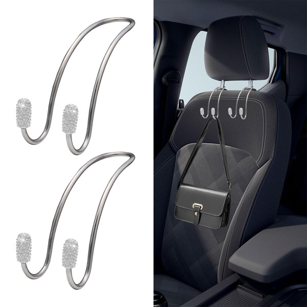 CHRYMUM 2Pcs Auto Hooks Bling Car Hangers Organizer Seat Headrest Hooks, Car Purse Hook, Strong and Durable Backseat Hanger Storage Universal for SUV Truck Vehicle, Bling Car Accessories for Women