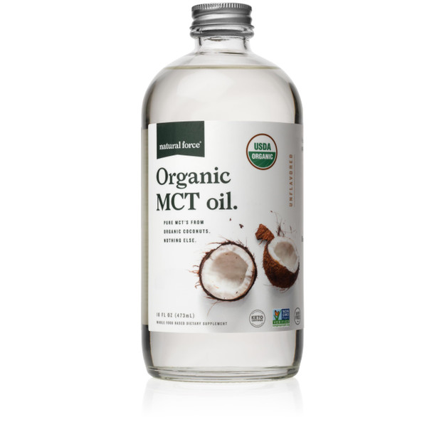 Natural Force Organic MCT Oil – Pure Glass Bottle – Made from 100% Cold Pressed Virgin Coconut Oil + Certified Keto, Paleo, Kosher, Vegan & Non-GMO – Lab Tested for Quality and Purity - 16 Ounce