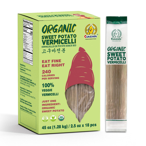 SUNGIVEN Organic Glass Noodles 18 Pack, Sweet Potato Vermicelli, 240 Calories Per Serving, Gluten-Free, Vegan, No Sodium, Pasta Alternative, 45oz(1.28kg)