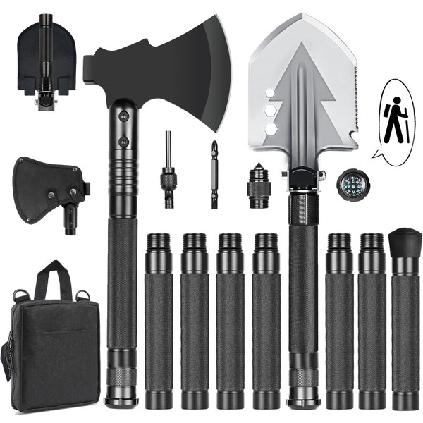 GOJAWAY 20 in 1 Multitool Survival kit, Camping Shovel Military Axe, 55" Trekking Pole Foldable Spade with Portable Bag and Hatchet, for Car Emergency Offroad Entrenching Tool