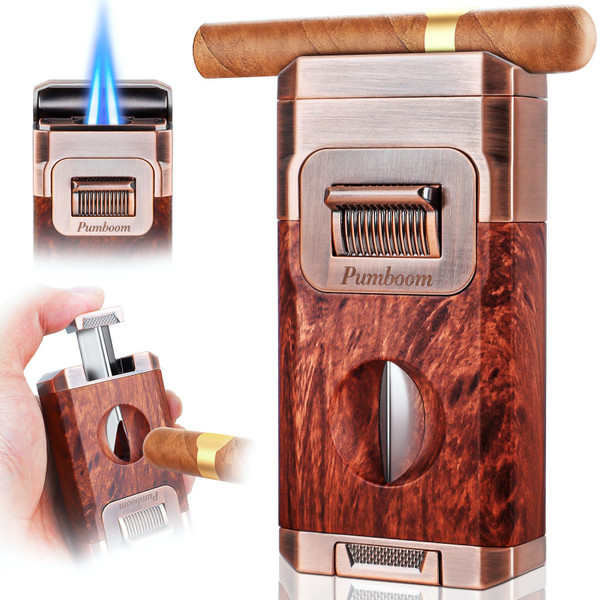 All-in-One Torch Lighter with Built-in Cigar Cutter, Holder, Dual Windproof Jet Flame, Butane Lighter with Gift Box, Cool Lighters for Candle, Smoking, Outdoor Accessories