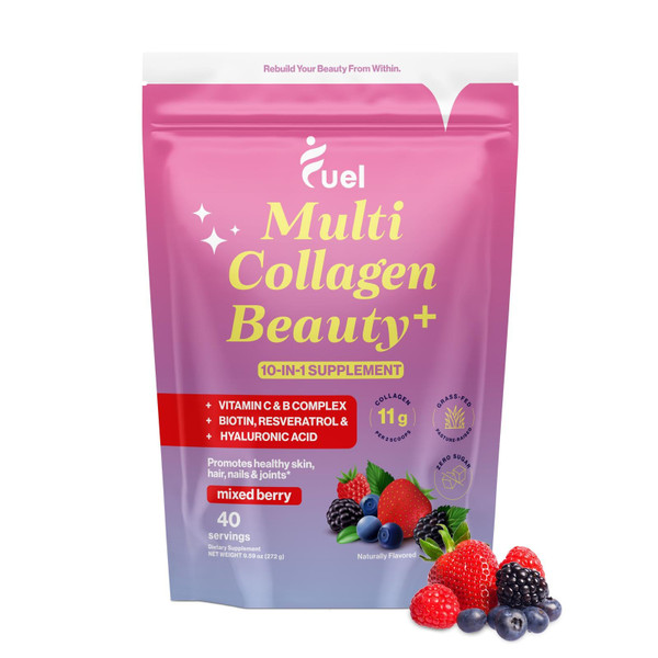 Fuel Multi Collagen Peptides Powder – 20g Hydrolyzed Collagen I, II, III, V & X for Hair, Skin, Nails & Joint Support – Better Absorption – Keto & Gluten Free, Mixed Berry, 9.59oz
