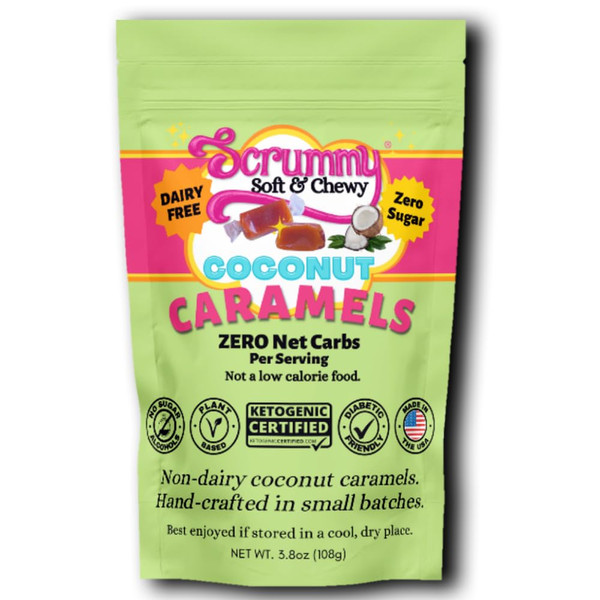 Scrummy Sweets Coconut Caramels - Vegan, Sugar Free, Diabetic Friendly, Keto Certified, No Sugar Alcohols, Zero Net Carbs. Made with Organic Coconut Cream. 100% Plant Based Candy - 3.5oz Bag