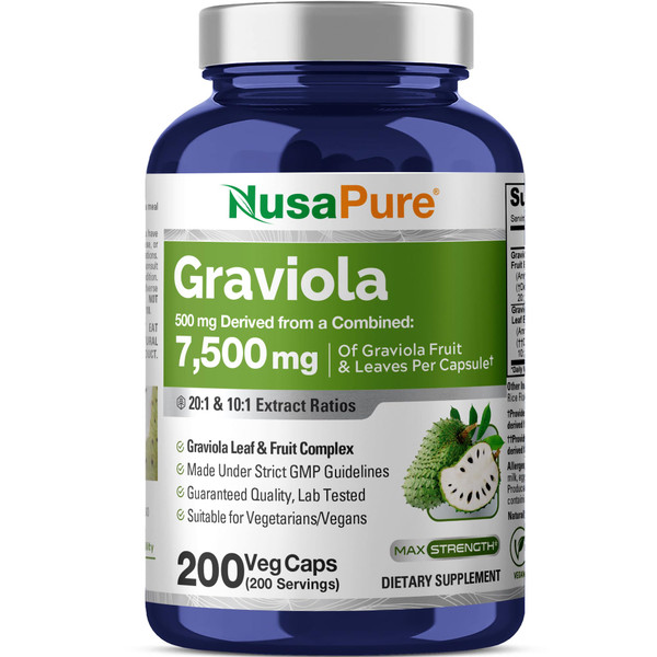 NusaPure Graviola 20:1 & 10:1 Extract - Suitable for Vegetarian/Vegan, Non- GMO - 7500 mg - 200 Capsules