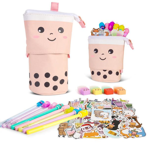 Primo Lines Bubble Tea Stationery Set, 61 PCS Kawaii School Supplies & Boba Pencil Case for Girls, with 8 Pens, 50 Stickers, Pop Up Pencil Bag Gift for Teens Primo Lines Bubble Tea Stationery Set, 61 PCS Kawaii School Supplies & Boba Pencil Case for Girls, with 8 Pens, 50 Stickers, Pop Up Pencil Bag Gift for Teens