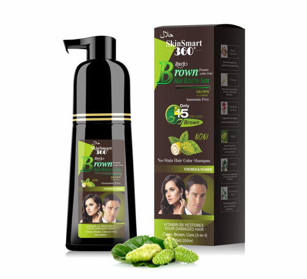 SkinSmart 360® No-Stain Hair Dye Shampoo – Full Gray Coverage for Men & Women, 3-in-1 Color + Cleanse + Condition, Natural Ingredients, Easy No-Mix Formula, 200 mL (Dark Brown)