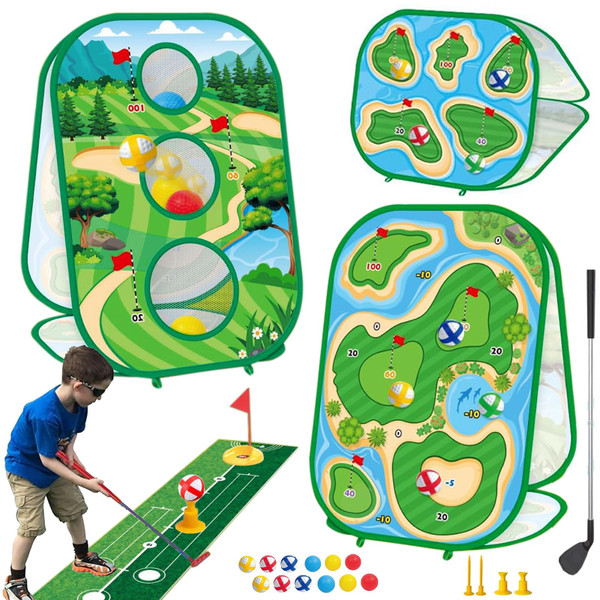 4-In-1 Kids Sticky Golf Games Set With Club, Golf Putting Practice Mat,3-Sided Golf Chipping Net, Multiple Game Modes, Golf Cornhole Board Set, Indoor & Outdoor Golf Practice For Kids & Adults