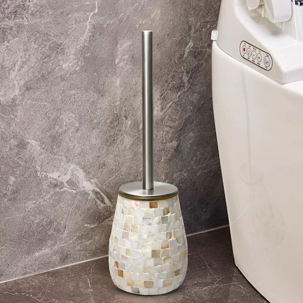 WDHODEC Natural Shell Toilet Brush and Holder Set Mosaic Glass, Stainless Steel Toilet Scrubber Brush, Decorative Toilet Bowl Brush and Holder, Luxury Bathroom Accessories