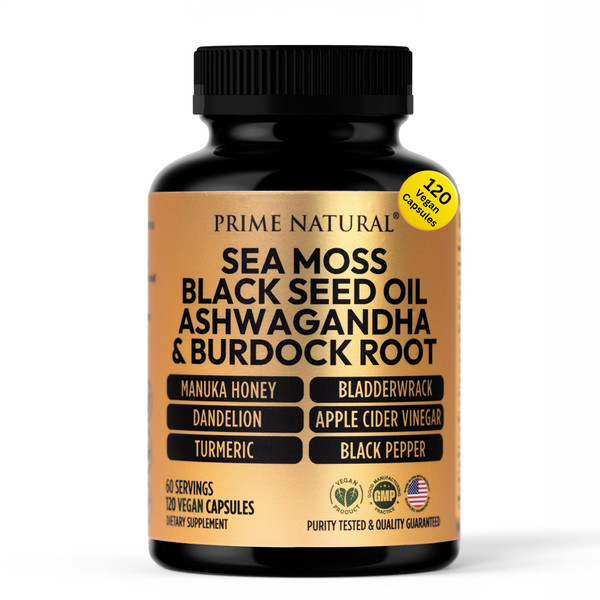 PRIME NATURAL Sea Moss 3000mg Black Seed Oil 2000mg Ashwagandha 1000mg Turmeric 1000mg Bladderwrack 1000mg Burdock 1000mg Manuka Honey Dandelion ACV - 120 Capsules | 60 Days Supply | Vegan