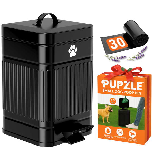 Pupzle Small Dog Poop Trash Can Outside, 1.3 Gal Metal Dog Waste Trash Can, Small Poop Bucket Outdoor with Lid, Poo Container Bin Waterproof Backyard Odor Control, 30 Bags (Black)