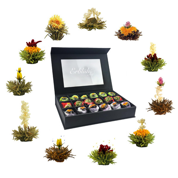 Creano Tea 18pcs Flowers Gift Set Blooming Tea - In a Noble Magnetic Box with Window & Silver Embossing- 18x White, Green & Black Tea