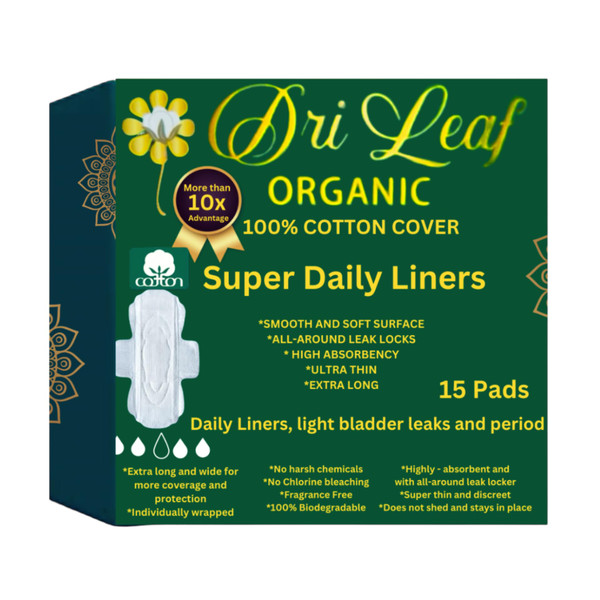 Dri Leaf - Panty Liners for Women Extra Long - 9.6in X 3.1in (30pads) Organic - Cotton Panty Liners for Women - with Wings - Light Incontinence and Light Period Days - Packaging May Vary