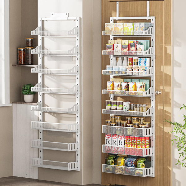 Over the Door Pantry Organizer 8-Tier, Large Metal Door Spice Rack with Adjustable Basket, 2 in 1 Wall Mount or Hanging Heavy-Duty Pantry Door Storage Shelf for Kitchen and Bathroom, White Over the Door Pantry Organizer 8-Tier, Large Metal Door Spice Rack with Adjustable Basket, 2 in 1 Wall Mount or Hanging Heavy-Duty Pantry Door Storage Shelf for Kitchen and Bathroom, White