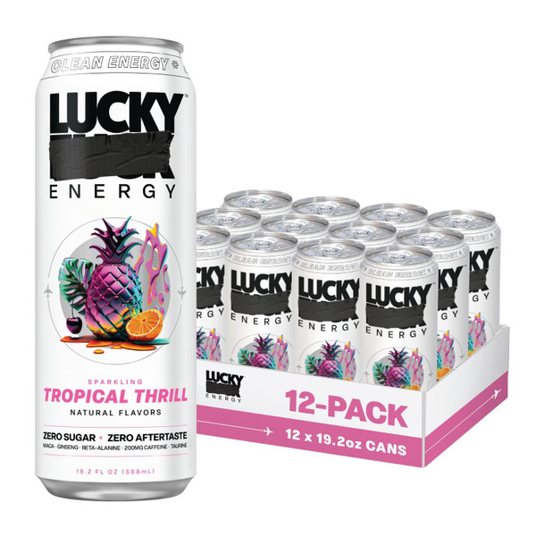 Lucky Energy Sugar Free Energy Drinks, Tropical Thrill, 16oz Cans (12-Pack) Healthy, Zero Sugar Energy Drink with Maca, Ginseng, Beta-Alanine, Taurine & 200mg Caffeine