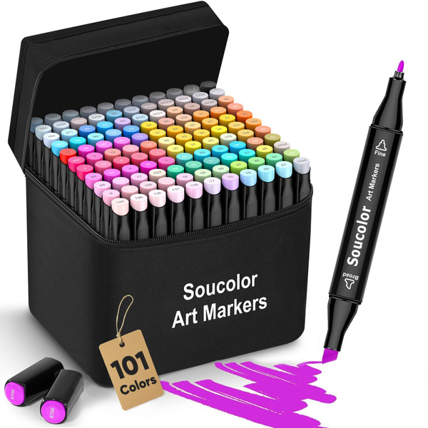 Soucolor Alcohol Markers Art Set, Aesthetic Cute Supplies, Art Kits Gifts,101 Dual Tip Sketching Coloring Drawing Markers for Adult Coloring Books