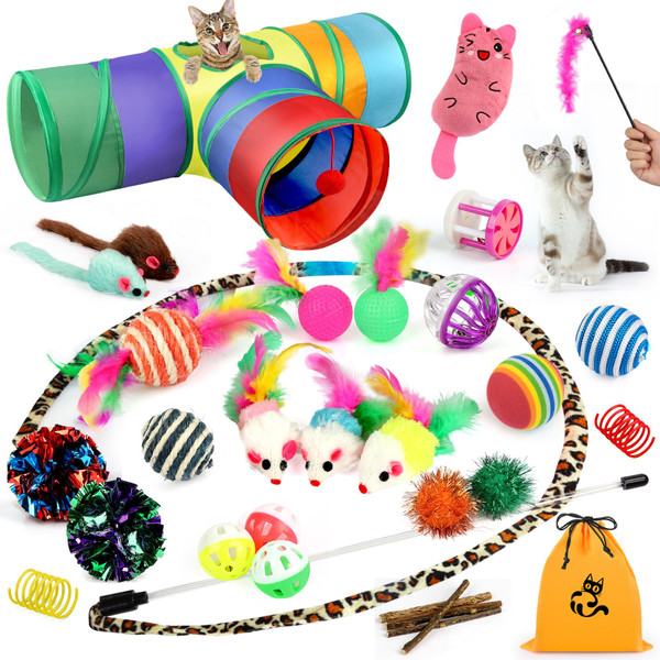 AILUKI 32 PCS Cat Toys Kitten Toys,Interactive Variety Catnip Toys with Collapsible Rainbow Tunnel,Cat Feather Teaser Crinkle Balls Spring Toy for Cat, Kitty,Puppy