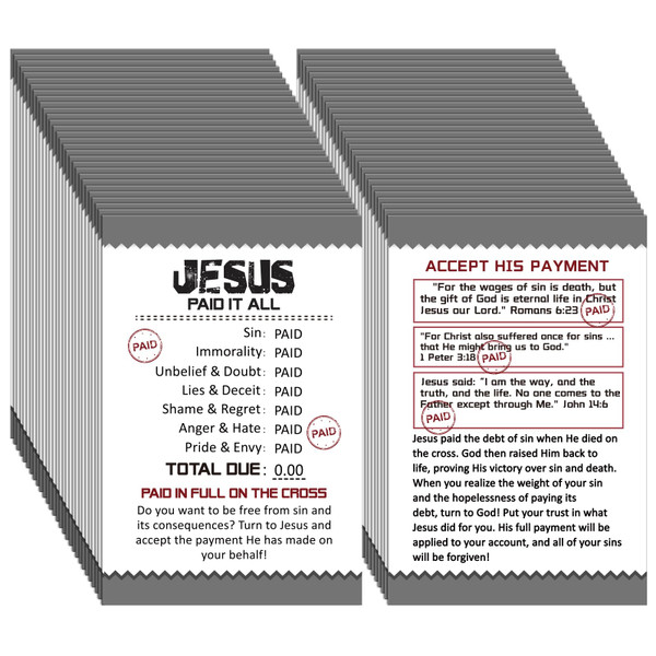Noveread 200 Pcs Gospel Tract Card Salvation Cards Pocket Holy Postcard Prayer Postcards Christian Inspirational Bible Verses Bookmark for Christian Gift (Jesus Paid It All)