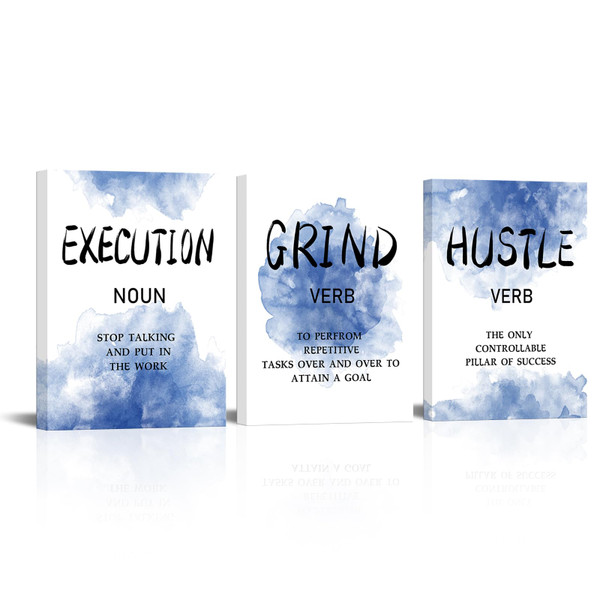 LoveHouse Grind Hustle Execution Motivational Office Wall Art Navy Blue Inspirational Quotes Home Office Positive Posters for Men/Women Encouraging Artwork Prints