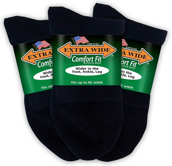 Extra Wide Comfort Fit Athletic Quarter Socks (Pack of 3) Fits Up to a 6E Width, Made in USA (Large, Black) Extra Wide Comfort Fit Athletic Quarter Socks (Pack of 3) Fits Up to a 6E Width, Made in USA (Large, Black)