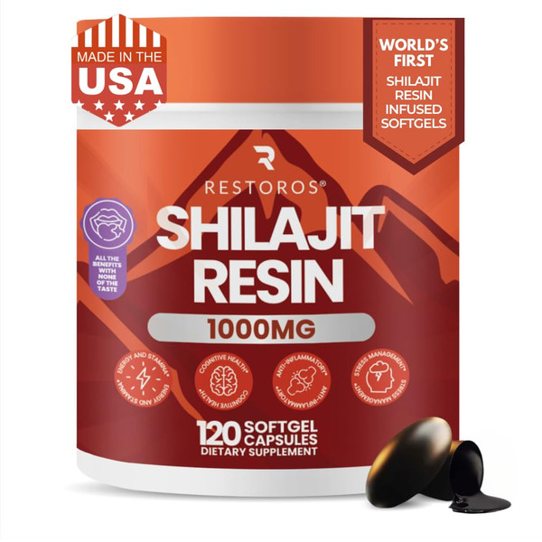 Restoros World's First Shilajit Pure Resin Softgels | Himalayan Shilajit Supplement | Purer Than Powdered Capsules & No Bad Taste | Made & Lab-Tested in The USA | GMP-Certified | 1000mg, 120 Capsules