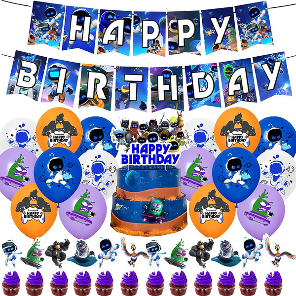 Astro Bot Happy Birthday Party Decorations - Bot Game Theme Birthday Party Supplies including Banner Cake Topper Balloons Cupcake Toppers Astro Bot Happy Birthday Party Decorations - Bot Game Theme Birthday Party Supplies including Banner Cake Topper Balloons Cupcake Toppers