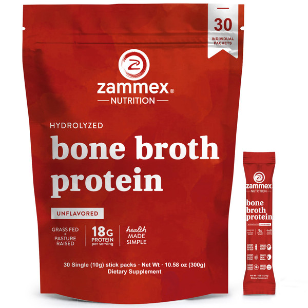 Zammex Bone Broth Collagen Packets-20g Collagen Protein-Bone Broth Powder to Go-30 Travel Packets-Supports Skin Nails Joints, Gut Health | Gluten-Free |Keto & Paleo Friendly-Natural Flavor