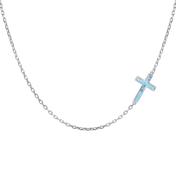 DAOCHONG S925 Sterling Silver Jewelry Sideways Cross Created Turquoise Choker Necklace 14 inches to 18 inches