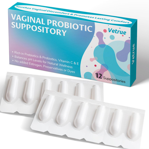 vetrue Vaginal Probiotic Suppository, Feminine Health for Comfort, pH Balance, Odor Control - Prebiotic & Probiotic Strains Support for Healthy Vaginal Flora, Moisturizer for Intimate Dryness(12pcs)