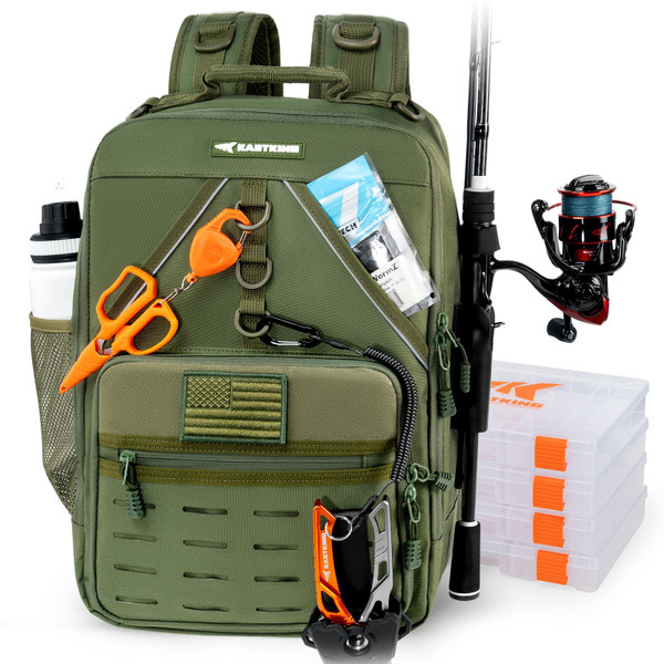 KastKing KarryAll Fishing Tackle Backpack with Rod Holder 4 Tackle Boxes,40/26L Tackle Bag Storage Fishing Gear and Equipment,Green,Medium