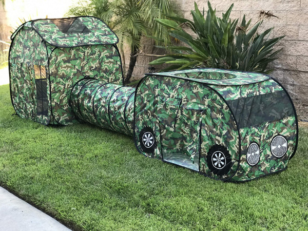 G3Elite Kids Play Tent, Childs 3 Piece Foldable Pop Up Indoor/Outdoor Vehicle, Tunnel & Tent with Carry/Storage Bag + 1 Year Warranty (Green, Brown, Black & Cream Camo)