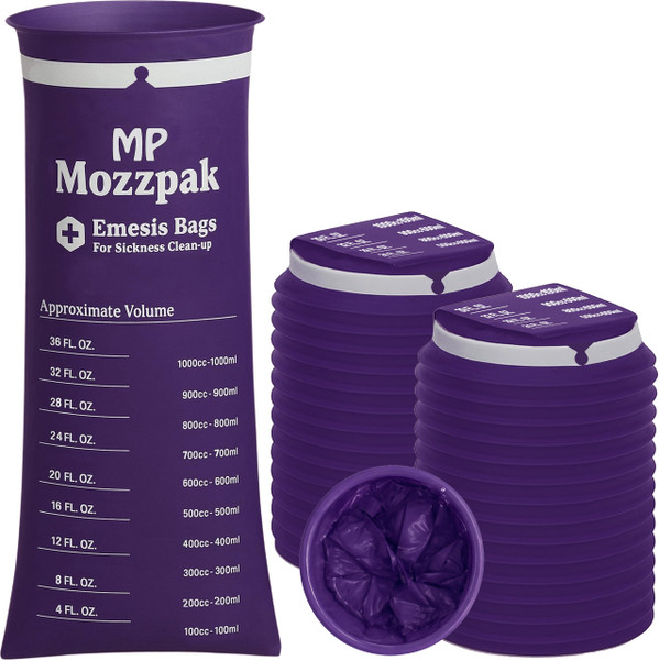 MP MOZZPAK Vomit Bags Disposable 50 Pack - 1000ml Emesis Bags, Leak-Proof Barf Bag, Travel Friendly Puke & Nausea Bag for Motion Sickness, Medical Grade Throw up Relief for Car, AirPlane, & Road Trip