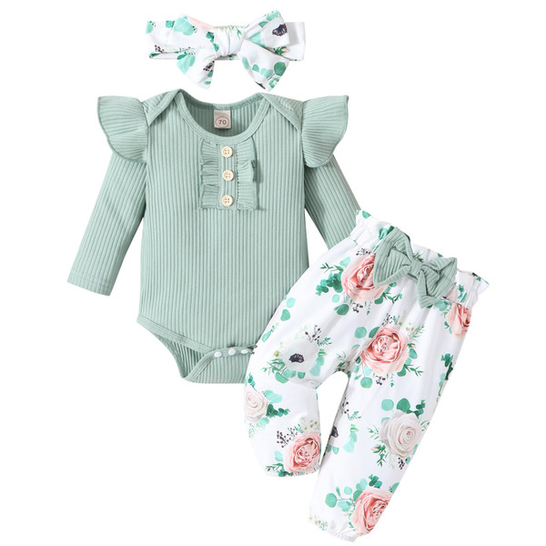 GDTOGRT Baby Girl Clothes Infant Outfit Ruffle Sleeve Romper and Floral Pants with Headband Cute Baby Clothes for Girls 3-6 Months - Green