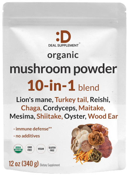 DEAL SUPPLEMENT Organic Mushroom Powder Supplement, 12oz – 10 in 1 Active Blend – Shiitake, Lions Mane, Cordyceps, Chaga, with More –Supports Immune, Energy, & Brain Health – Non-GMO, Vegan