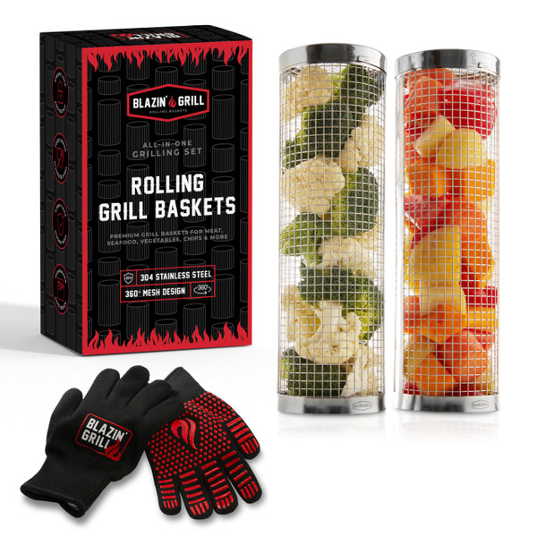 Blazin' Grill Rolling Grill Basket | Rolling Grilling Baskets for Outdoor Grilling 2 Pcs | Barbecue Grill Set with BBQ Gloves | Portable Camping Net Rack Perfect for Vegetables, Seafood & Meat